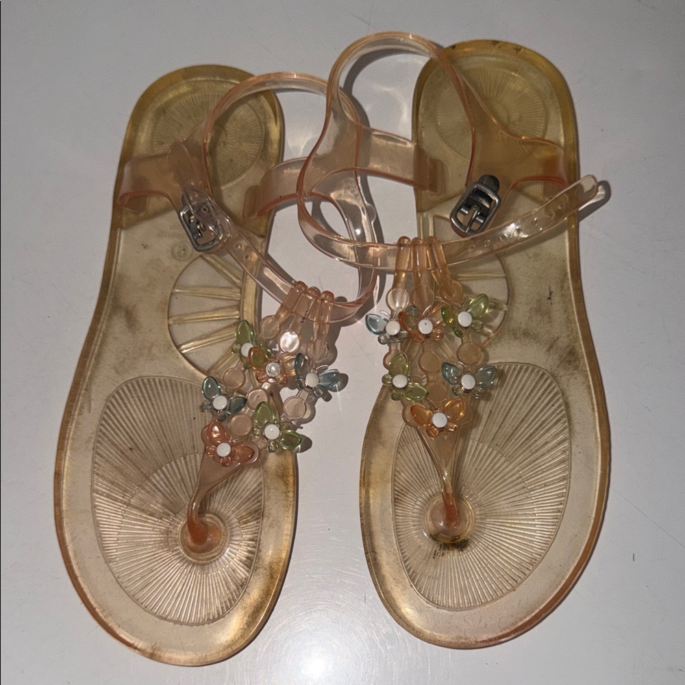 Women's Clear Jelly T-Strap Sandals with Floral Accents - Neutral